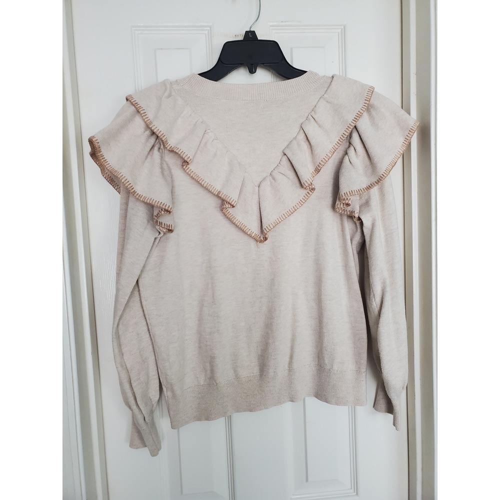 Wool Blend‎ Sweater Beige Ruffle V-Neck Blanket Stitch Whimsical Knit Romantic L